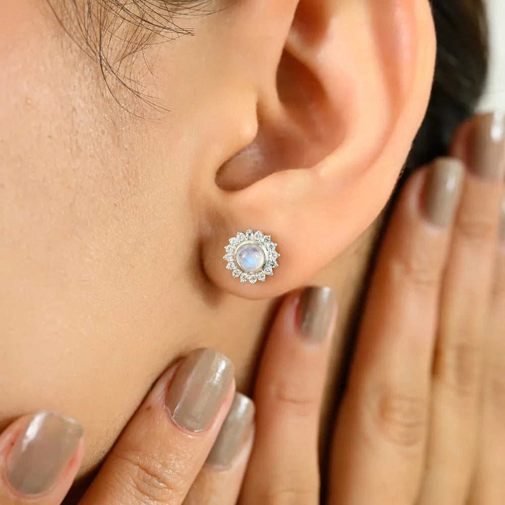 925 Sterling Silver Fine Jewelry Real Moonstone & American Diamond Round Flower Earrings