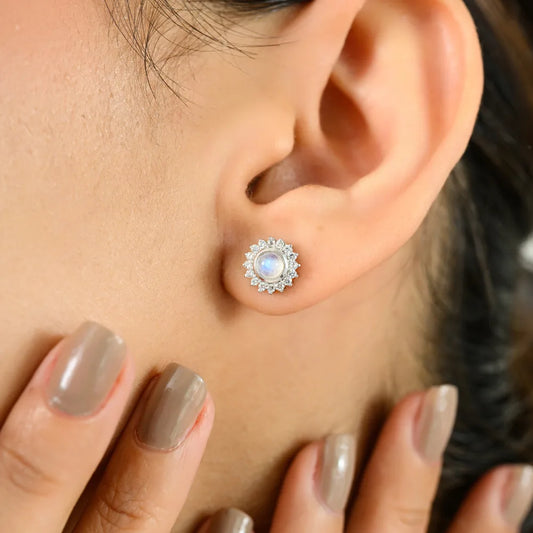 925 Sterling Silver Fine Jewelry Real Moonstone & American Diamond Round Flower Earrings