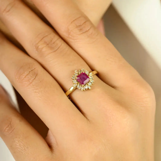 Beautiful Art Deco Style Ruby & Diamond Halo Ring Solid 14K Yellow Gold Precious Stone Jewelry