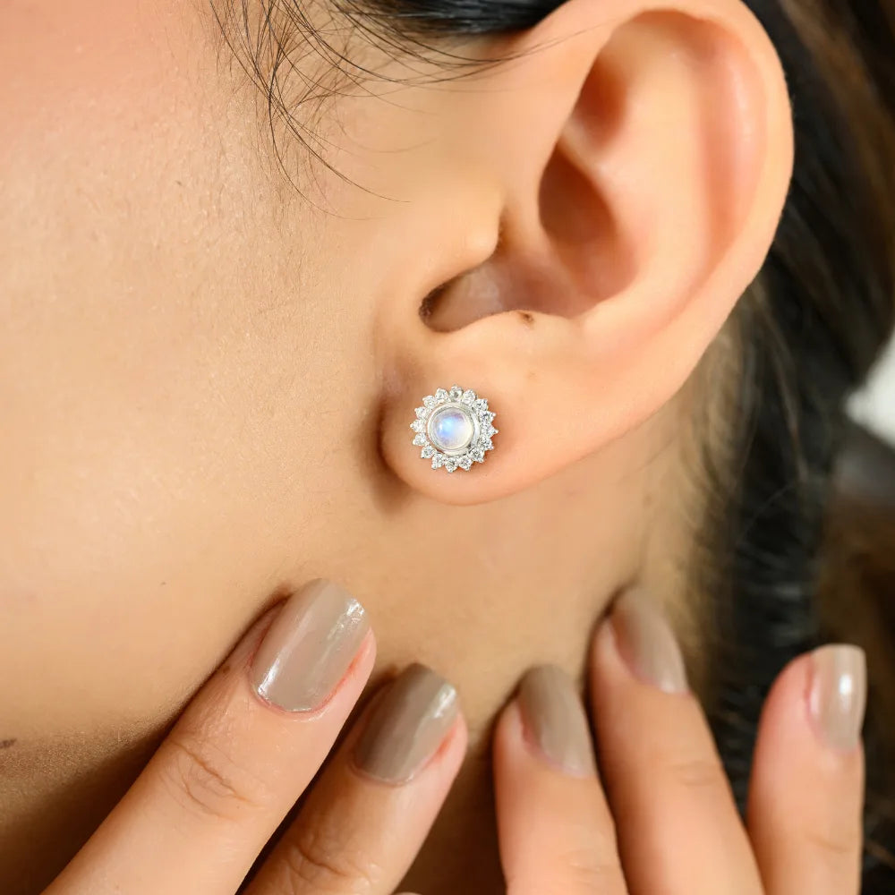 925 Sterling Silver Fine Jewelry Real Moonstone & American Diamond Round Flower Earrings