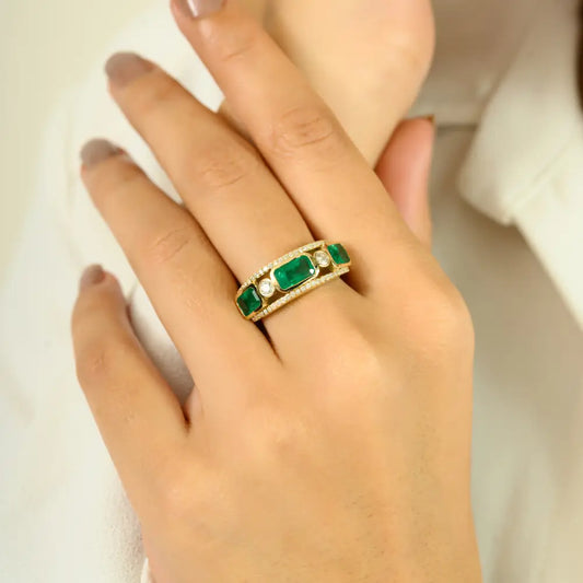 May Birthstone Natural Emerald & Diamond Band Ring Real K14 Yellow Gold Unisex Jewelry