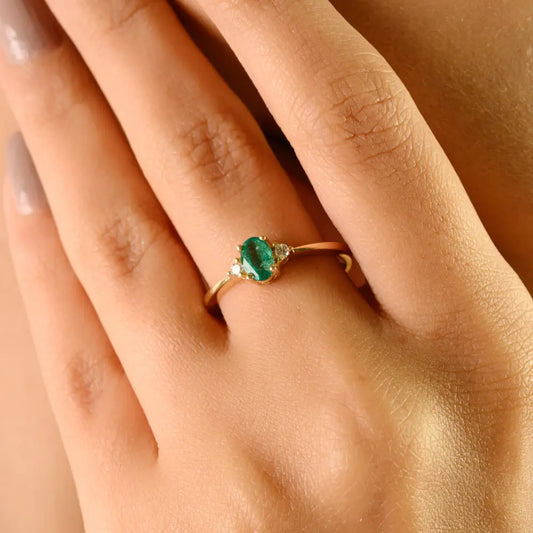 Minimalist Natural Emerald & Diamond Dainty Gemstone Ring 14K Real Yellow Gold Jewelry