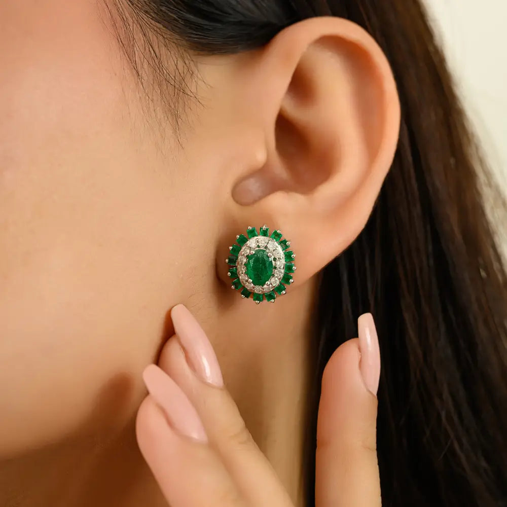 Hot Sale 14K White Gold Emerald & Diamond Unique Design Statement Stud Earrings For Women