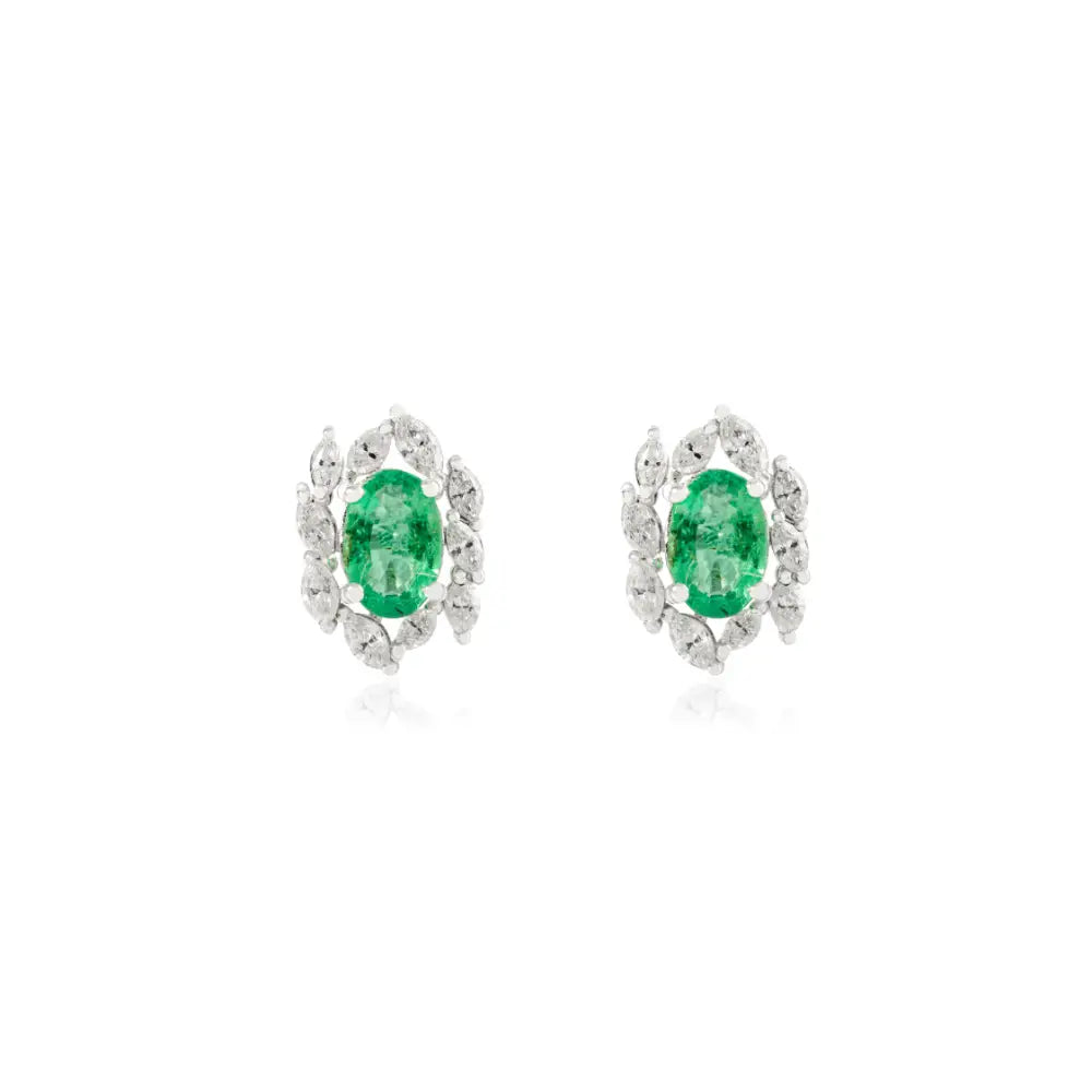 Prong Setting Emerald & Diamond Unique Design Stud Earrings Everyday Jewelry 14K Gold
