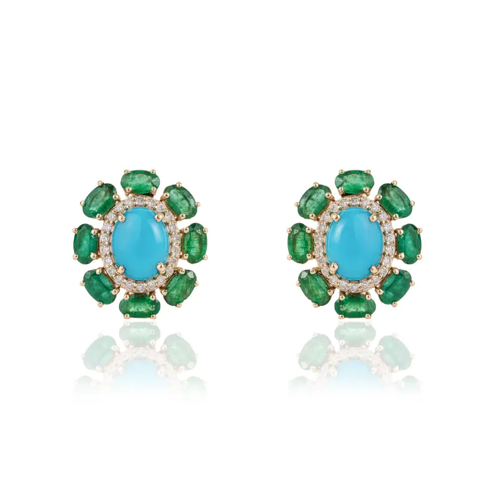 Floral Inspired Solid K14 Yellow Gold Emerald Turquoise & Diamond Statement Stud Earrings
