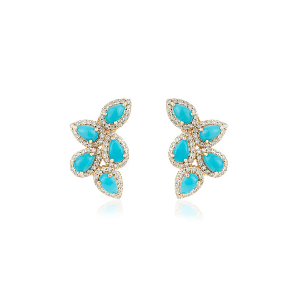 Unique Design Turquoise & Diamond Wings Shape Statement Stud Earrings K14 Real Gold Jewelry