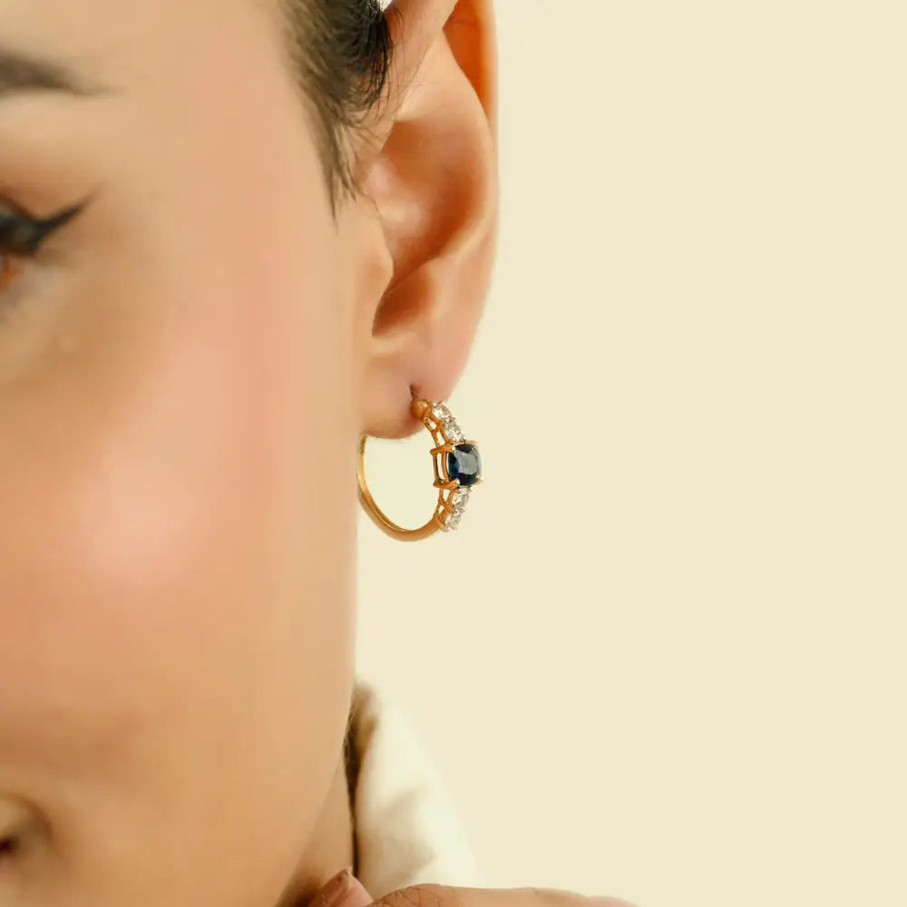 K14 Yellow Gold Cushion Shape Blue Sapphire & Diamond Hoop Earrings Women Gift Jewelry