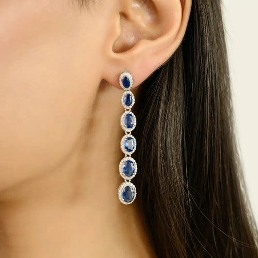 Graduated Set Gemstone Blue Sapphire & Diamond Long Dangle Earrings Real K14 Solid White Gold