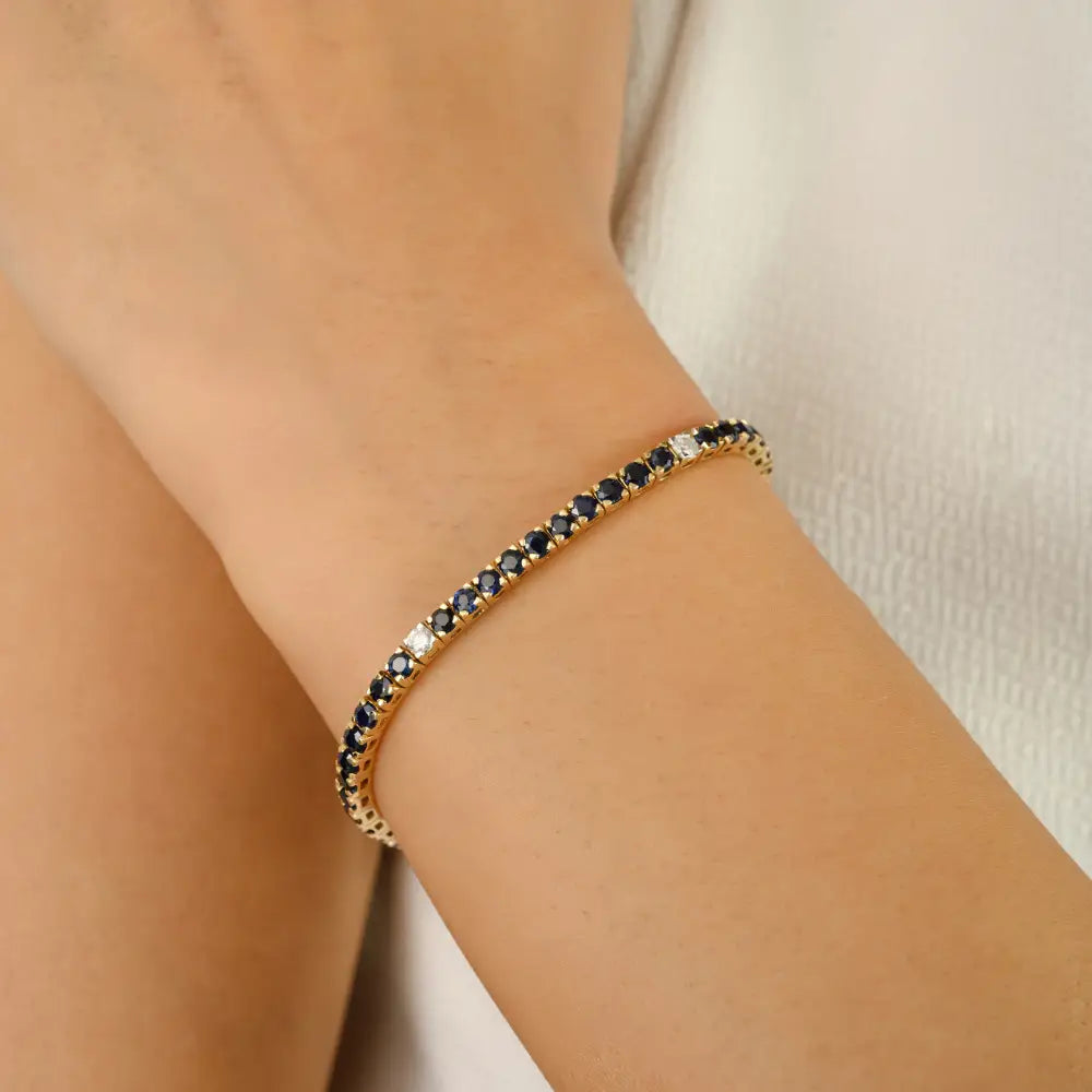 14K Pure Yellow Gold Round Cut Blue Sapphire & Diamond Tennis Bracelet Trending Jewelry