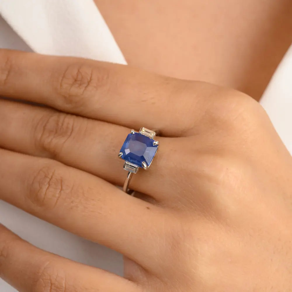 Precious Gemstone Natural Blue Sapphire & Diamond 14K White Gold Ring