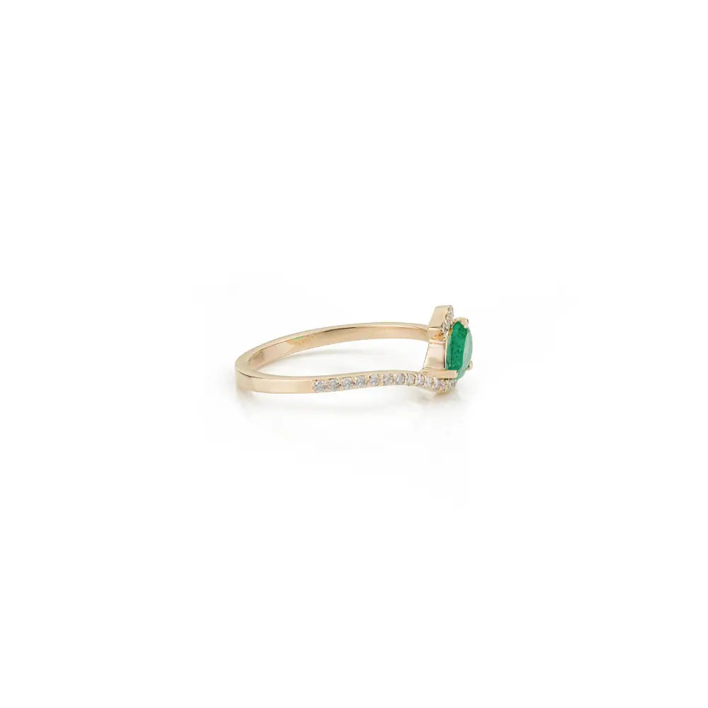 Unique Design Prong Set Emerald & Diamond K14 Real Yellow Gold Gemstone Ring New Jewelry