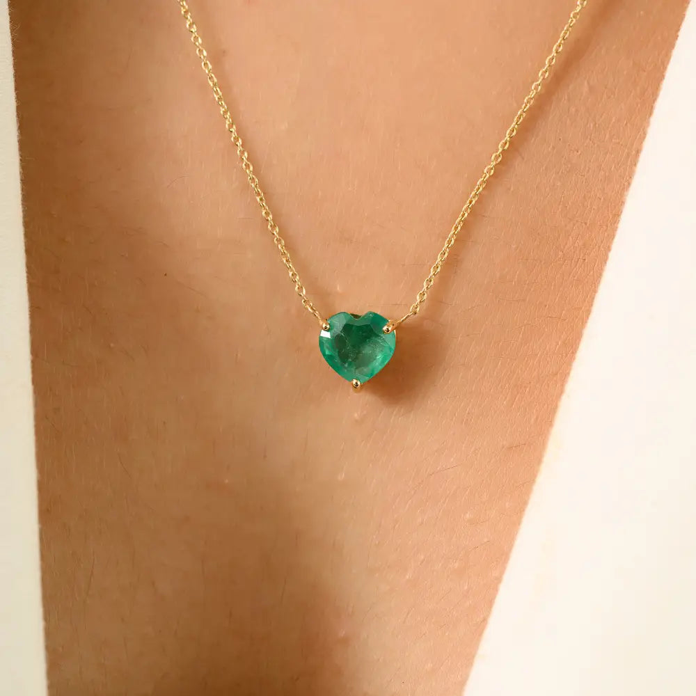 Prong Set Zambian Emerald 14K Gold Women Heart Shape Single Stone Pendant Necklace