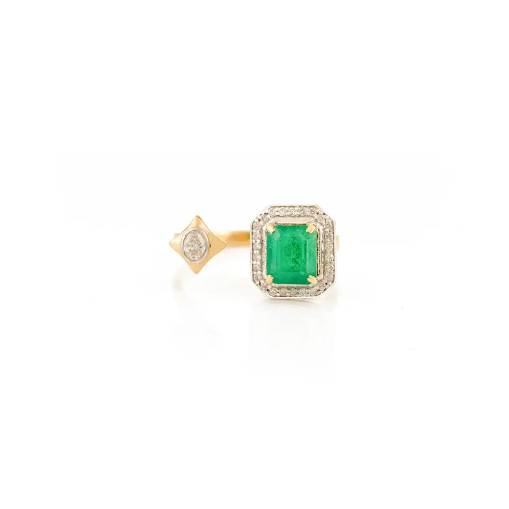 Real K18 Yellow Gold Zambian Emerald & Diamond Halo Open Ring Unique Design Jewelry