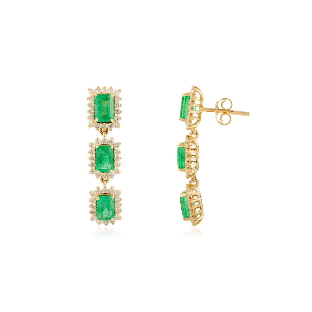 Prong Set Emerald & Diamond Cluster Dangle Earrings For Women Wedding Jewelry 14K Gold