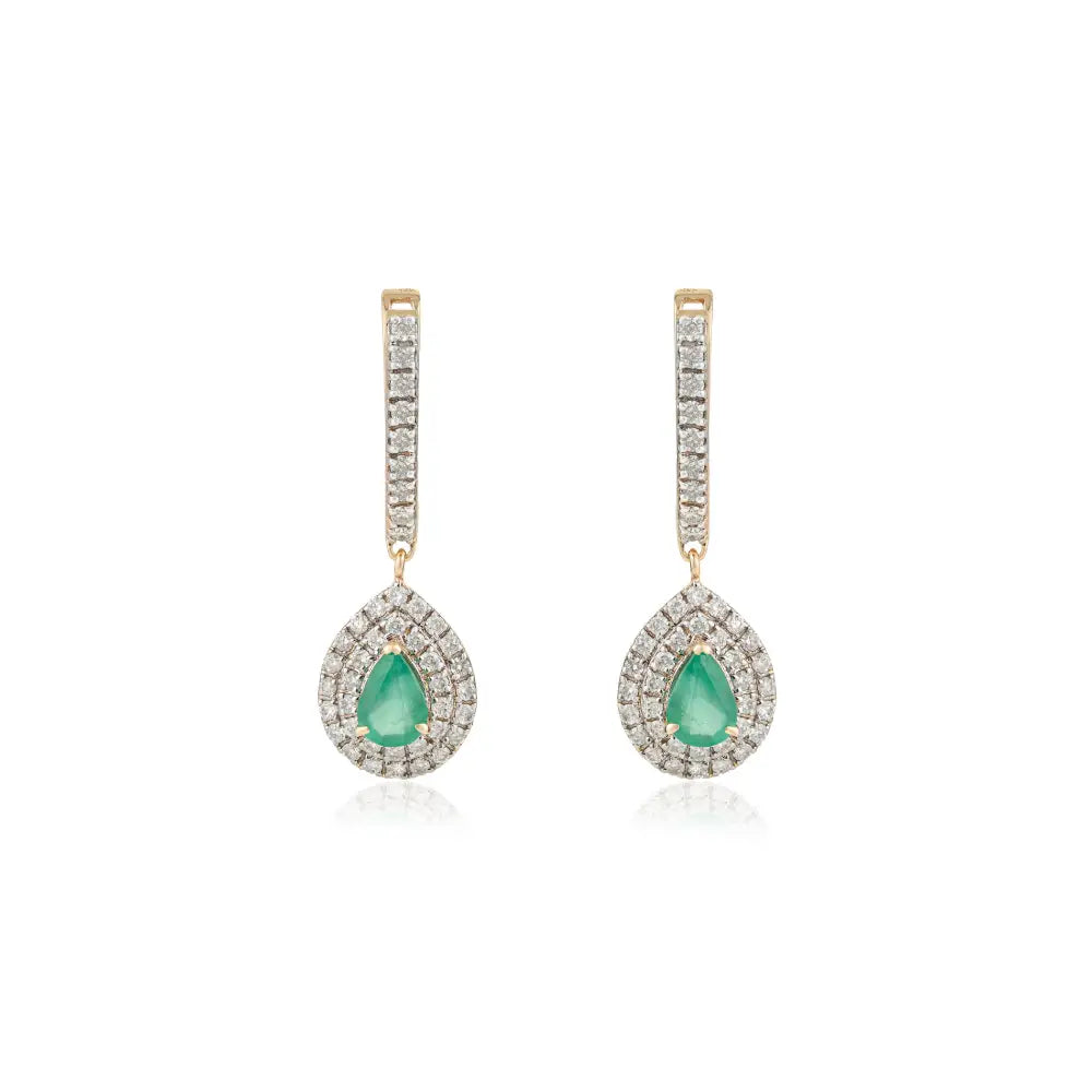 Pear Shape Emerald & Diamond Double Cluster Hoop Drop Earrings 14K Pure Yellow Gold Jewelry