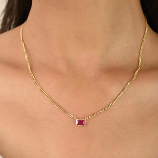 New Trendy Octagon Cut Ruby Single Stone Curb Link Chain Pendant Necklace 14K Gold