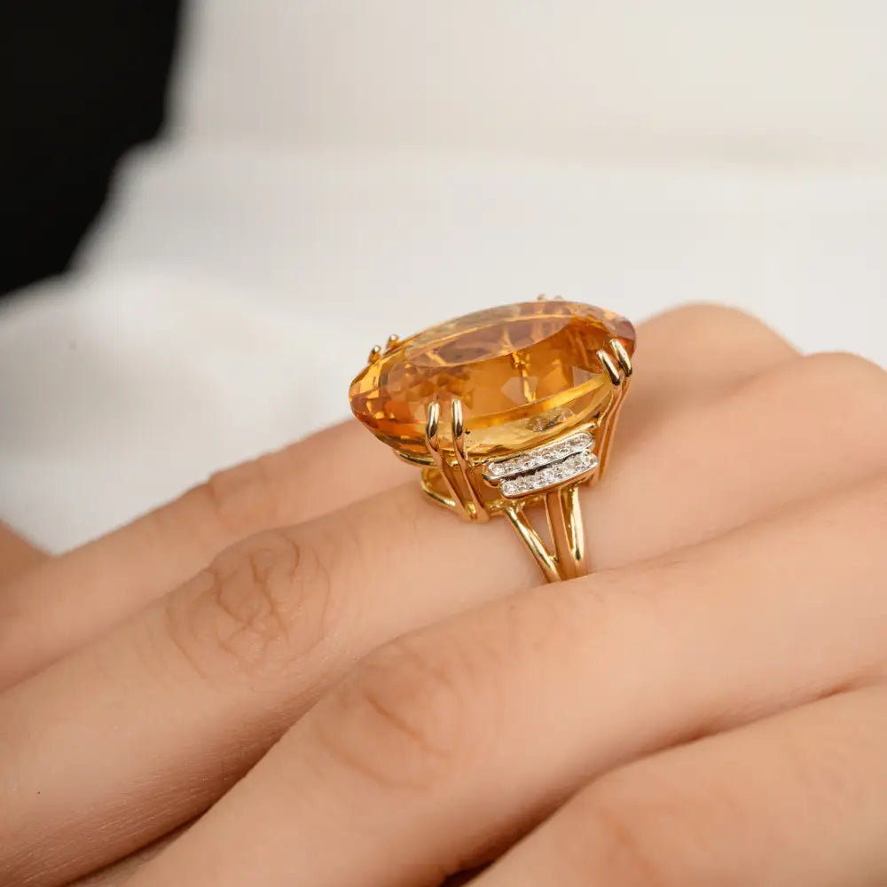 Oval Citrine & Round Diamond Solid 14K Yellow Gold Cocktail Ring November Birthstone Jewelry