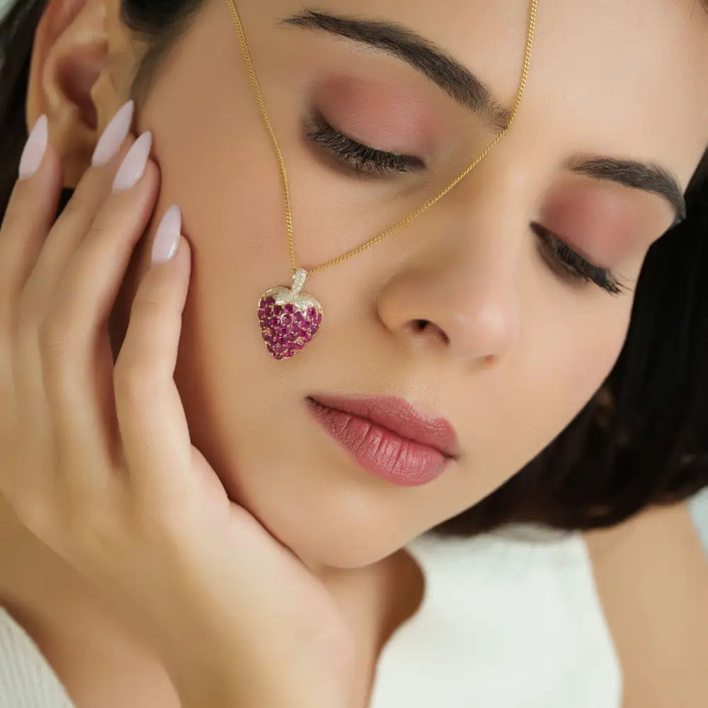 Unique Design Full Pave Set Ruby & Diamond Strawberry Pendant 14K Real Yellow Gold Jewelry