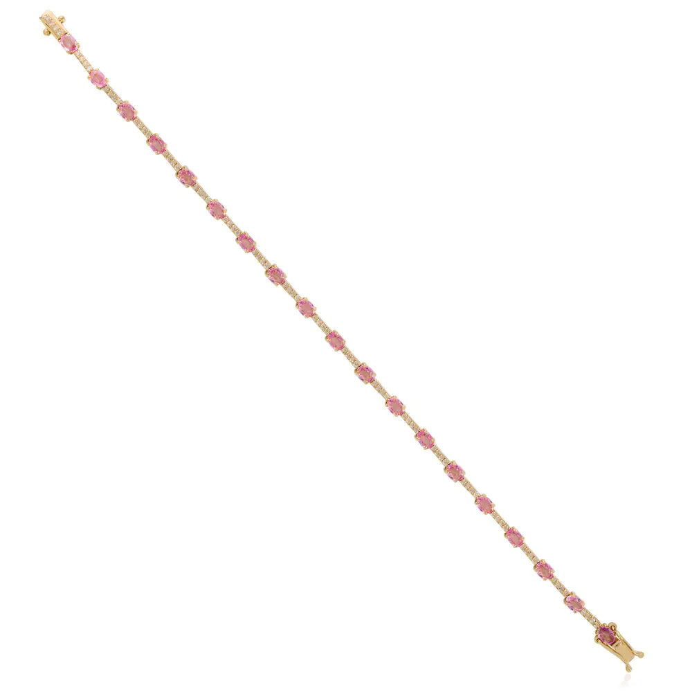 Simple Trending Design K14 Yellow Gold Pink Sapphire & Diamond Sleek Tennis Bracelet