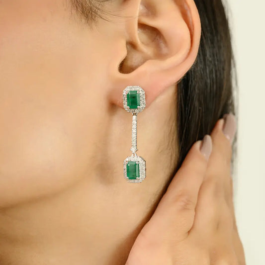 Trending Zambian Emerald & Diamond Dangle Earrings Handmade Jewelry 14K White Gold