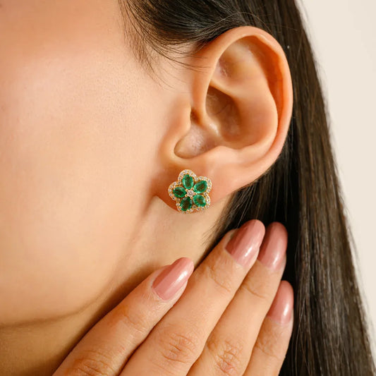 Unique Trending Natural Emerald & Diamond 14K Solid Gold Flower Stud Earrings For Women
