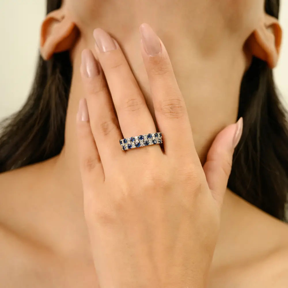 Statement Luxury Blue Sapphire & Diamond 18K Real White Gold Wedding Band Ring Unisex
