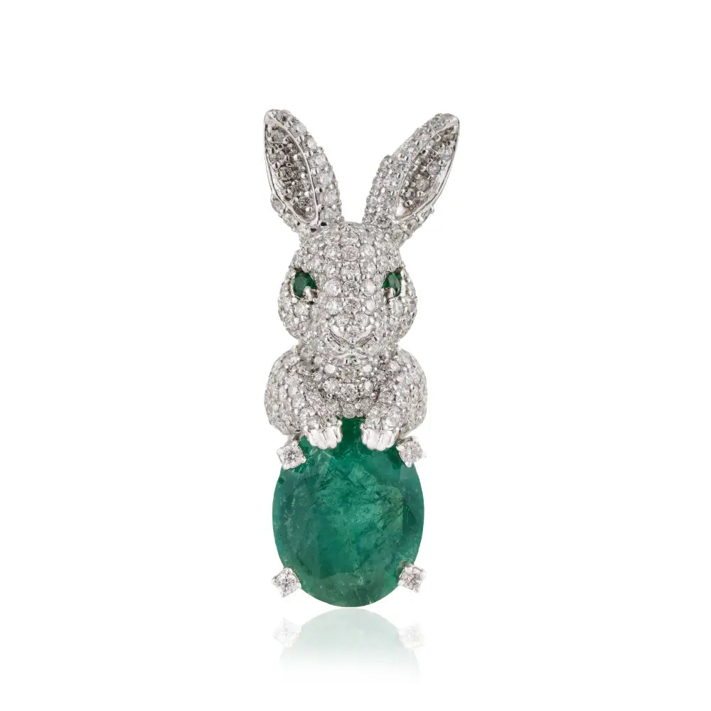Unique Design Handmade Emerald & Diamond 14K White Gold Bunny Rabbit Brooch For Men