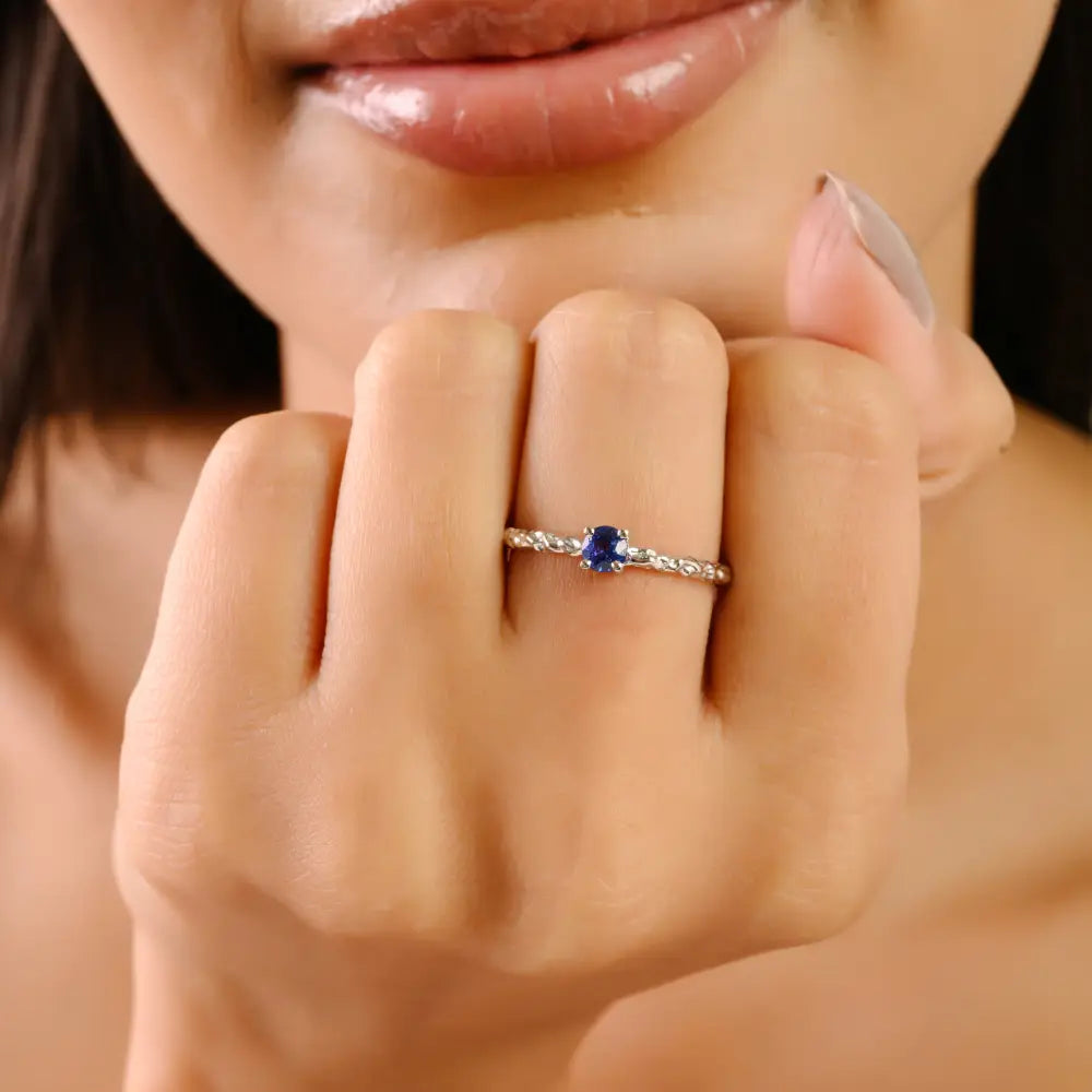 3.5 mm Round Cut Blue Sapphire Minimalist Solitaire Gemstone Ring 14K Real White Gold