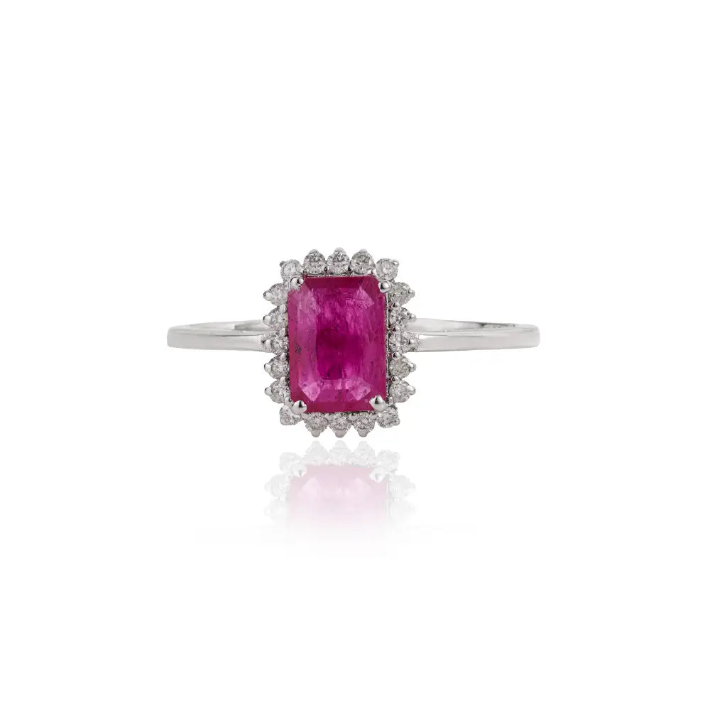 7x5mm Octagon Cut Ruby & Diamond Fine Cluster Ring Handmade 14K White Gold Jewelry