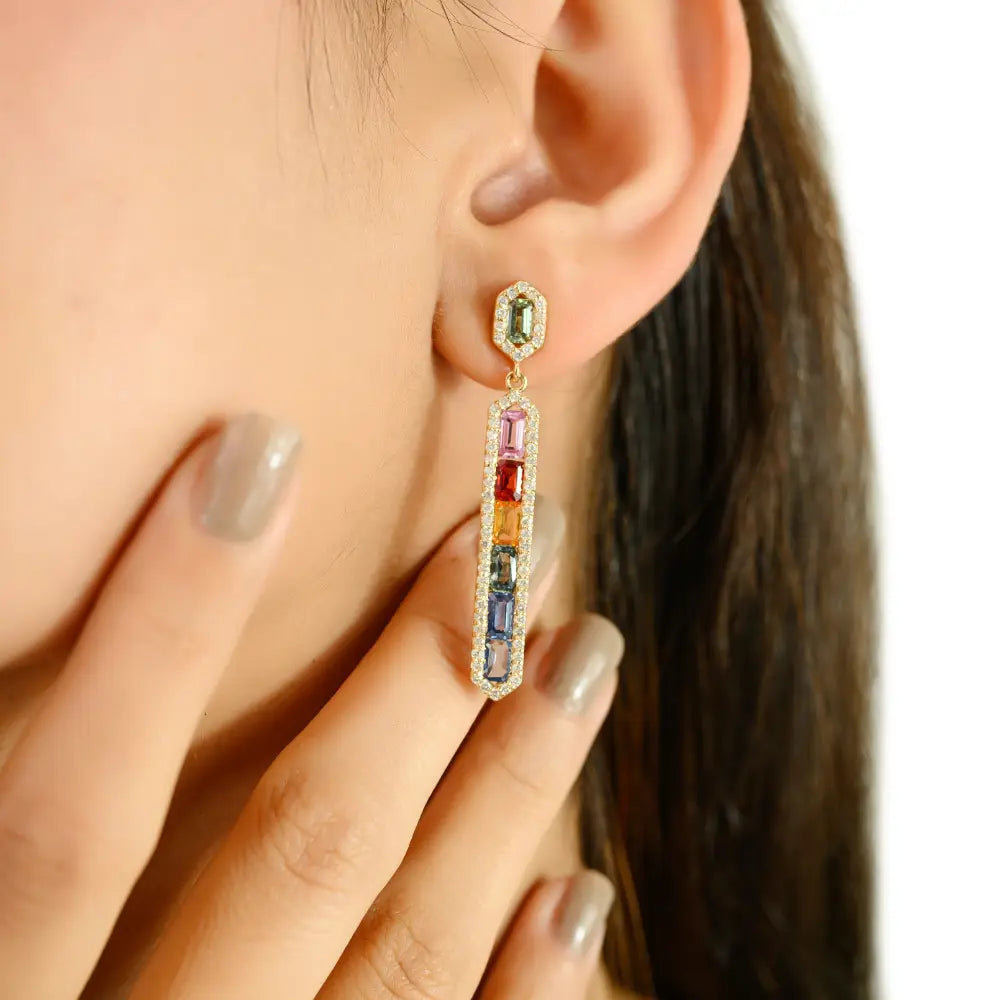Gorgeous Design Rainbow Multi Sapphire & Diamond Statement Bar Dangle Earrings 14K Gold