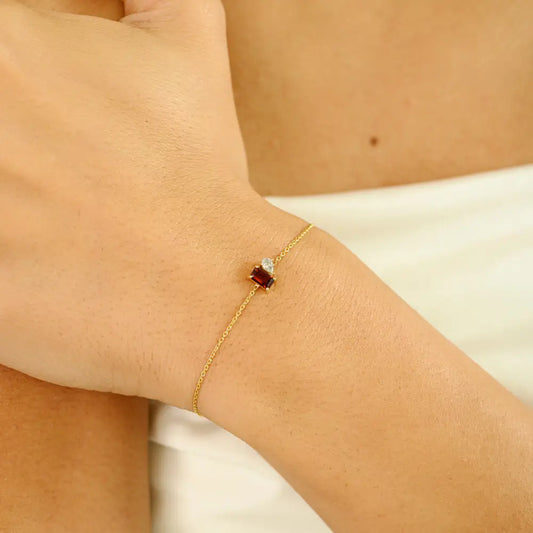 5x3mm Baguette Cut Garnet & Diamond Dainty Toi et Moi Bracelet 14K Real Yellow Gold Jewelry