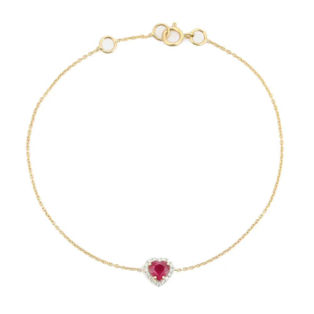 Spring Lock 100% Genuine Ruby & Diamond 14K Solid Gold Heart Shape Halo Bracelet Women
