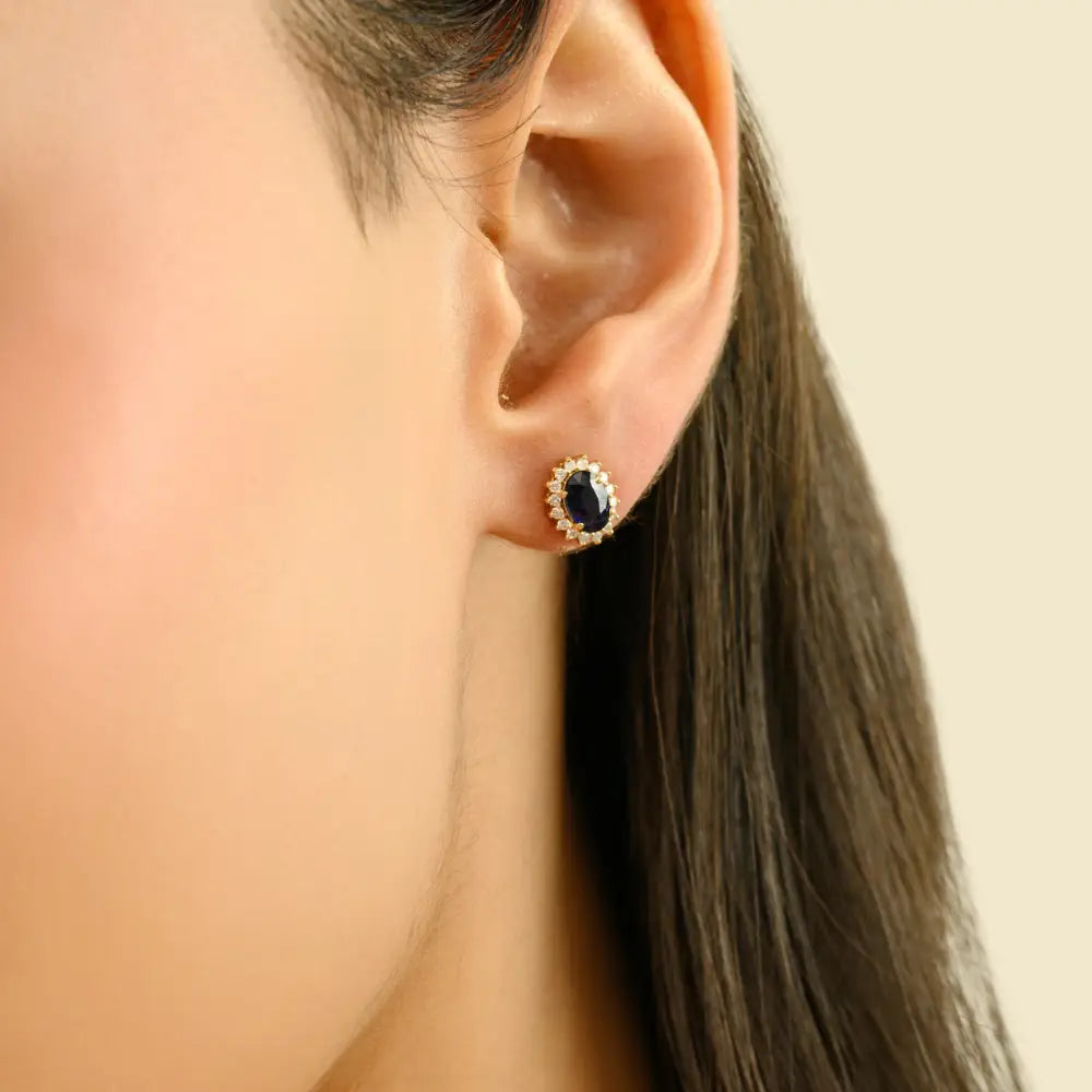 Blue Sapphire & Diamond Prong Setting Cluster Stud Earrings 14K Yellow Gold Minimal Jewelry