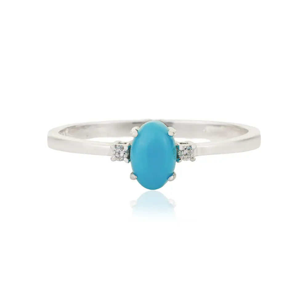Minimal Cabochon Cut Turquoise & Diamond 14K Solid White Gold Gemstone Ring Daily Wear