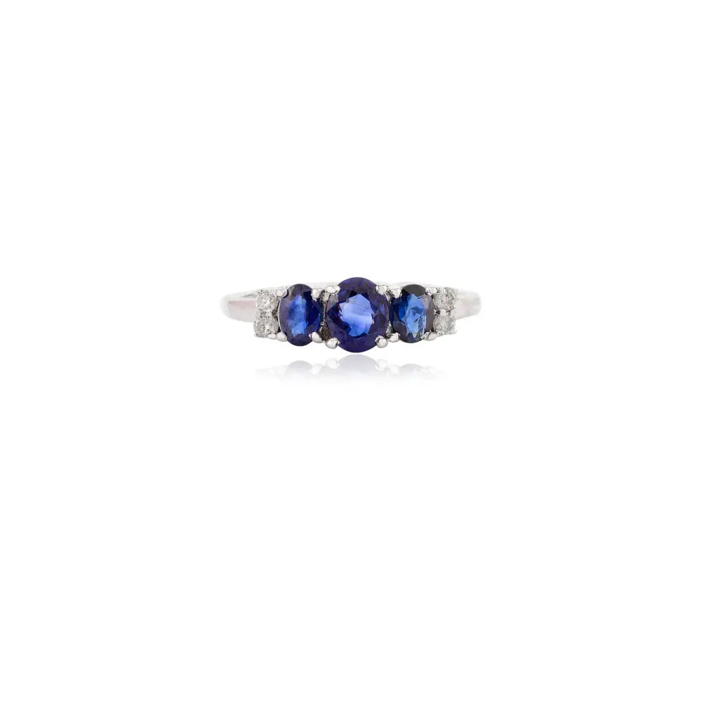 Handmade Jewelry Natural Blue Sapphire & Diamond 14K Three Stone Gold Ring