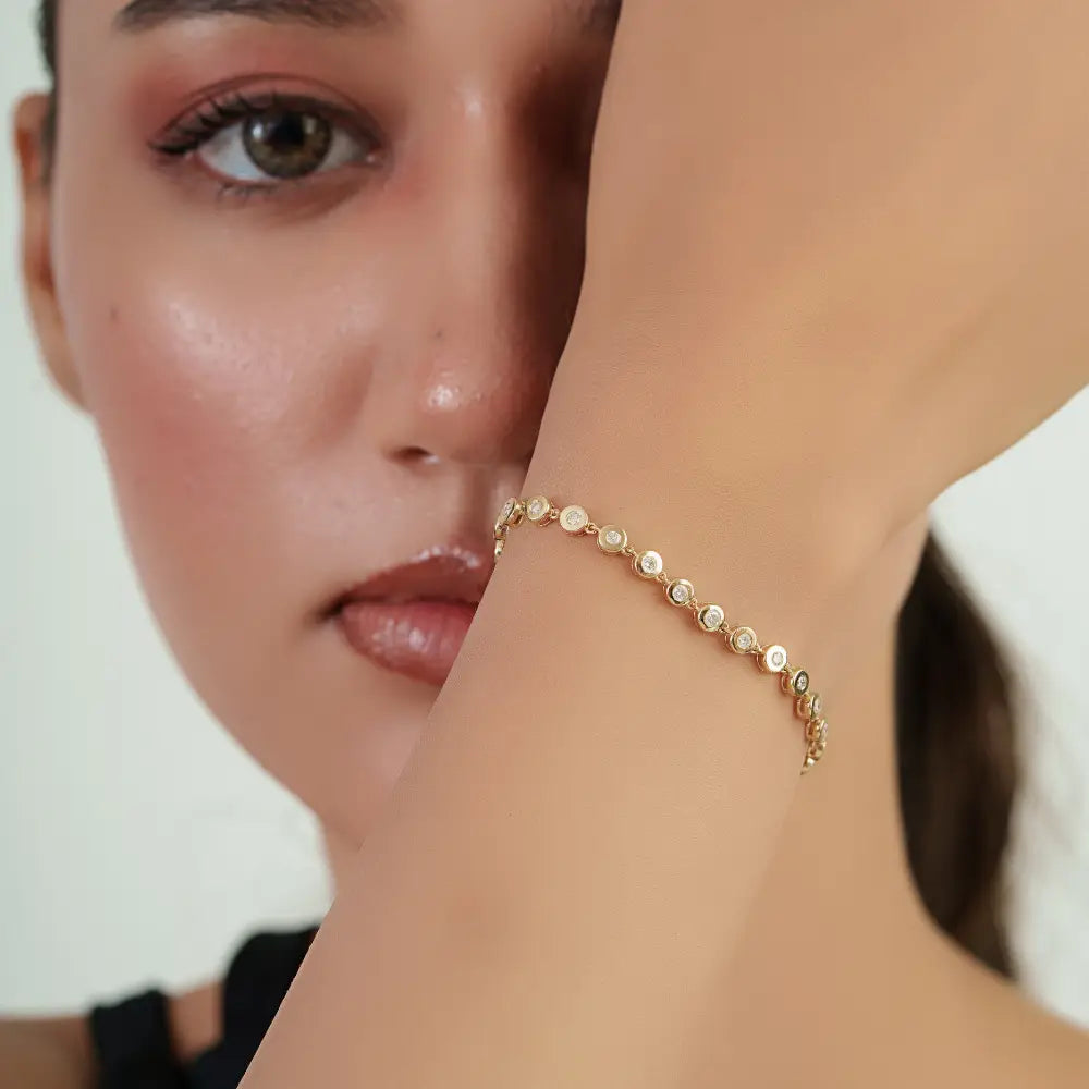 Round Cut Diamond Bezel Set Solid 14K Yellow Gold Bubble Stackable Bracelet For Unisex
