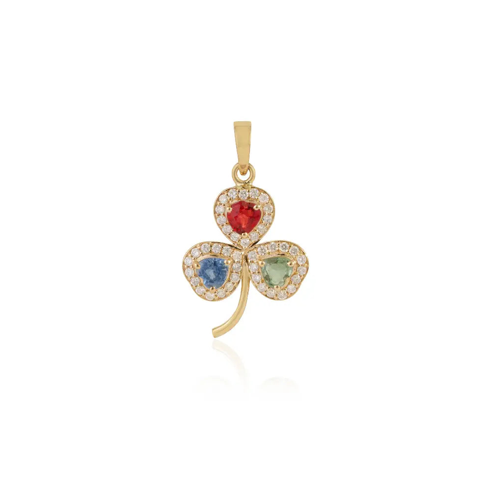 Heart Shape Multi Sapphire Gemstone & Diamond 14K Yellow Gold Three Leaf Clover Pendant
