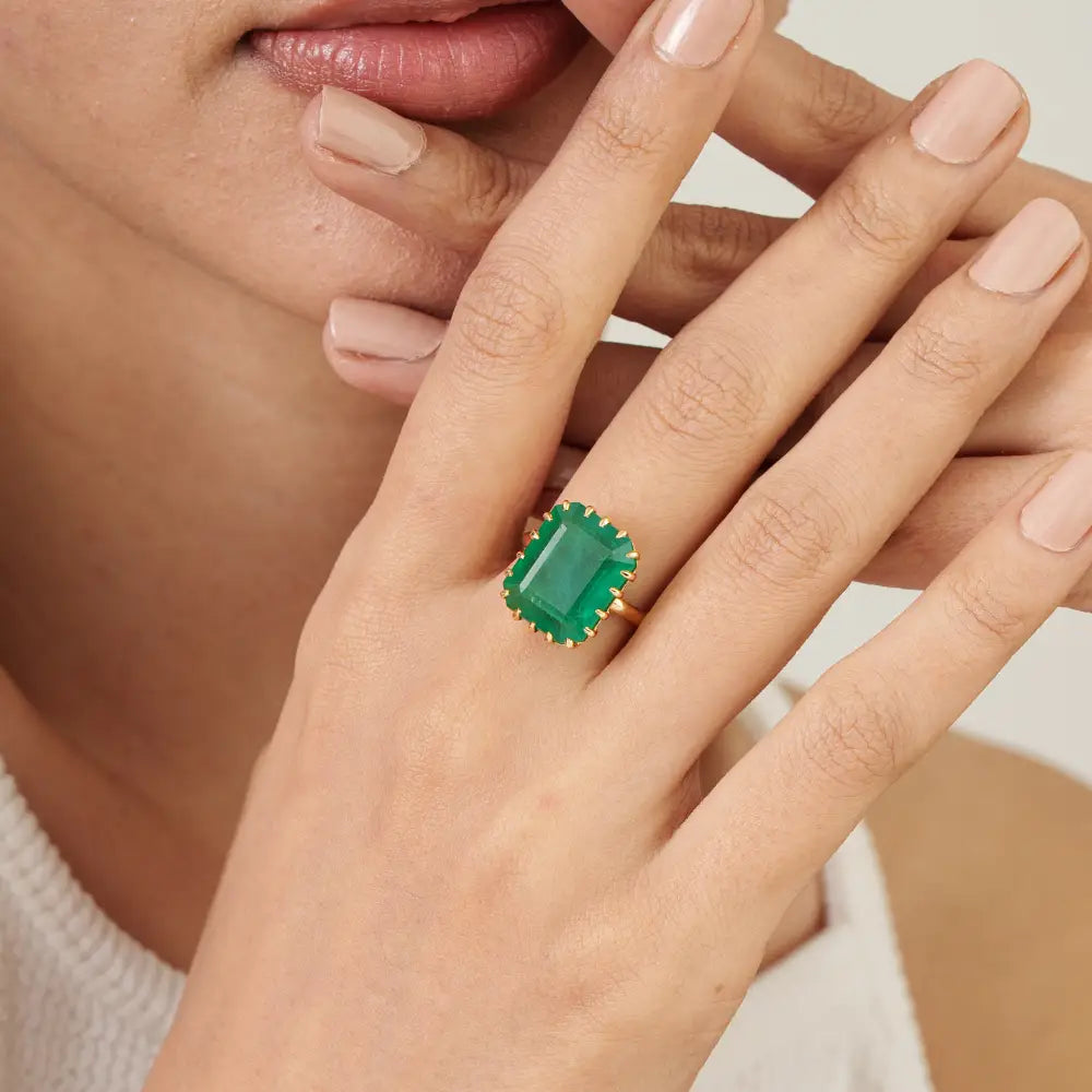 18K Solid Yellow Gold Zambian Emerald Big Gemstone Solitaire Ring Bold Statement Jewelry