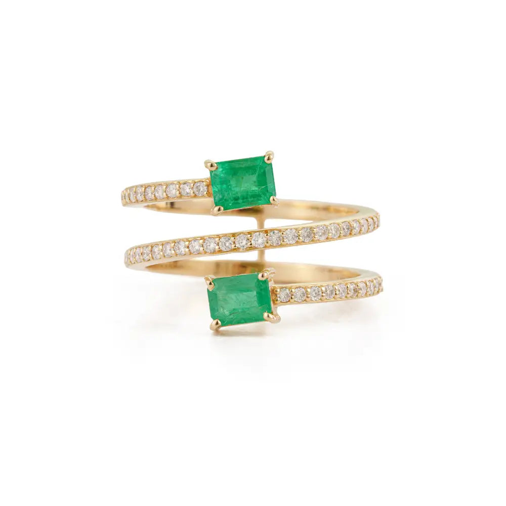 Precious Gemstone Emerald & Diamond Wrap Spiral Ring Statement 14K Yellow Gold Jewelry