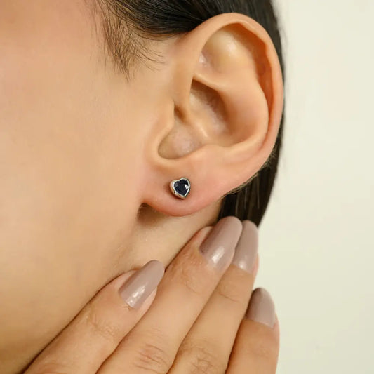 Elegant Minimalist 14K Solid White Gold Blue Sapphire Heart Shape Small Stud Earrings Unisex