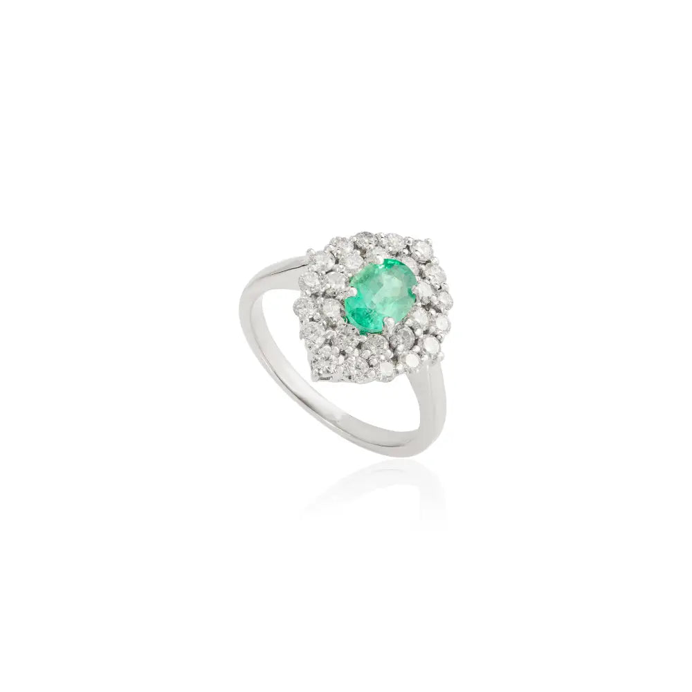 18K Solid White Gold Vintage Style Emerald & Diamond Double Cluster Ring Engagement Jewelry