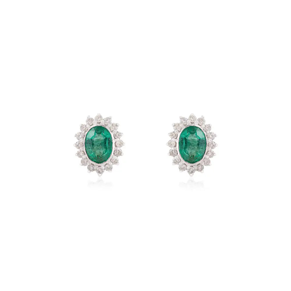 Zambian Emerald & Diamond Women's Cluster Stud Earrings Fine K14 White Gold Jewelry