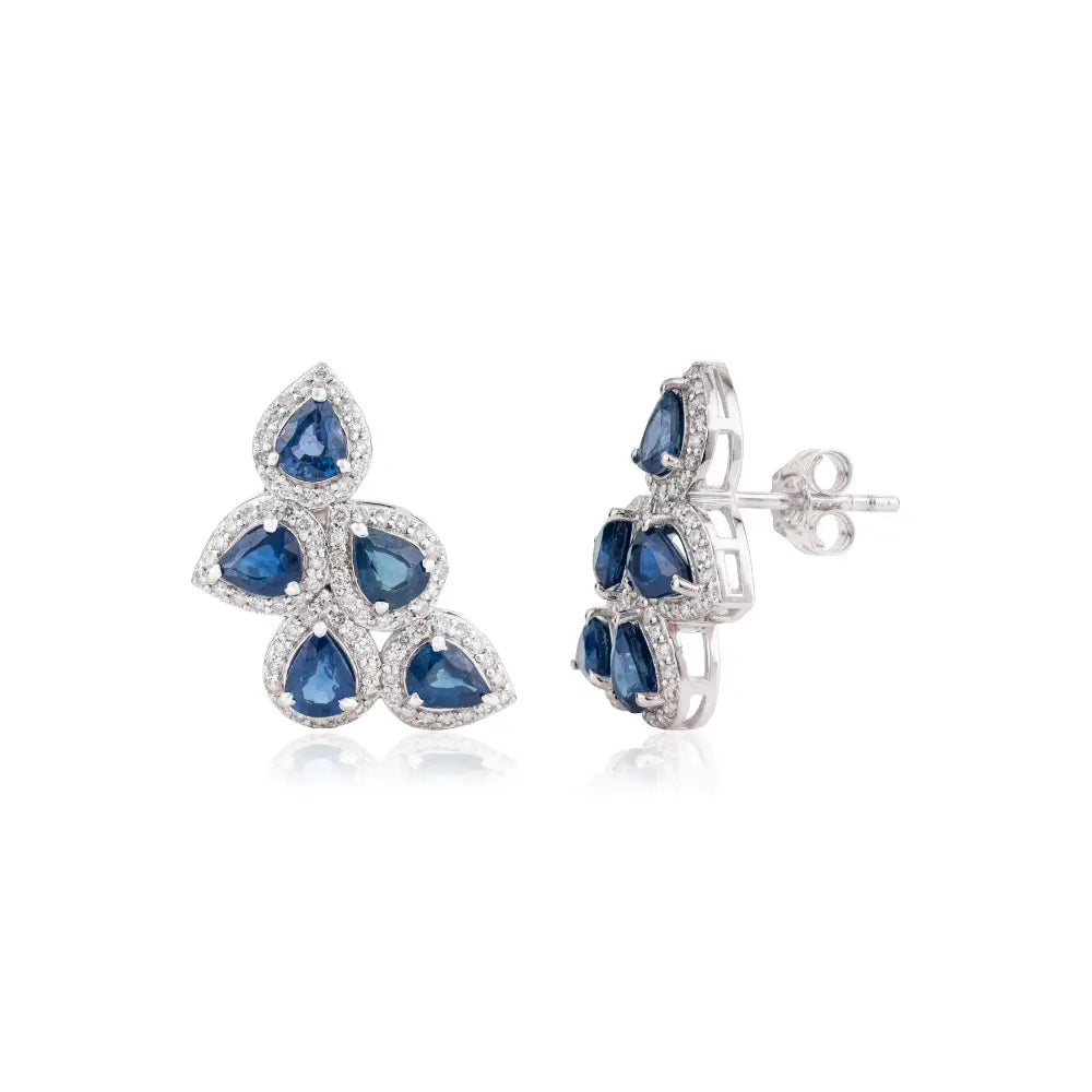 Unique Design Blue Sapphire & Diamond 14K Solid White Gold Wings Shape Halo Stud Earrings