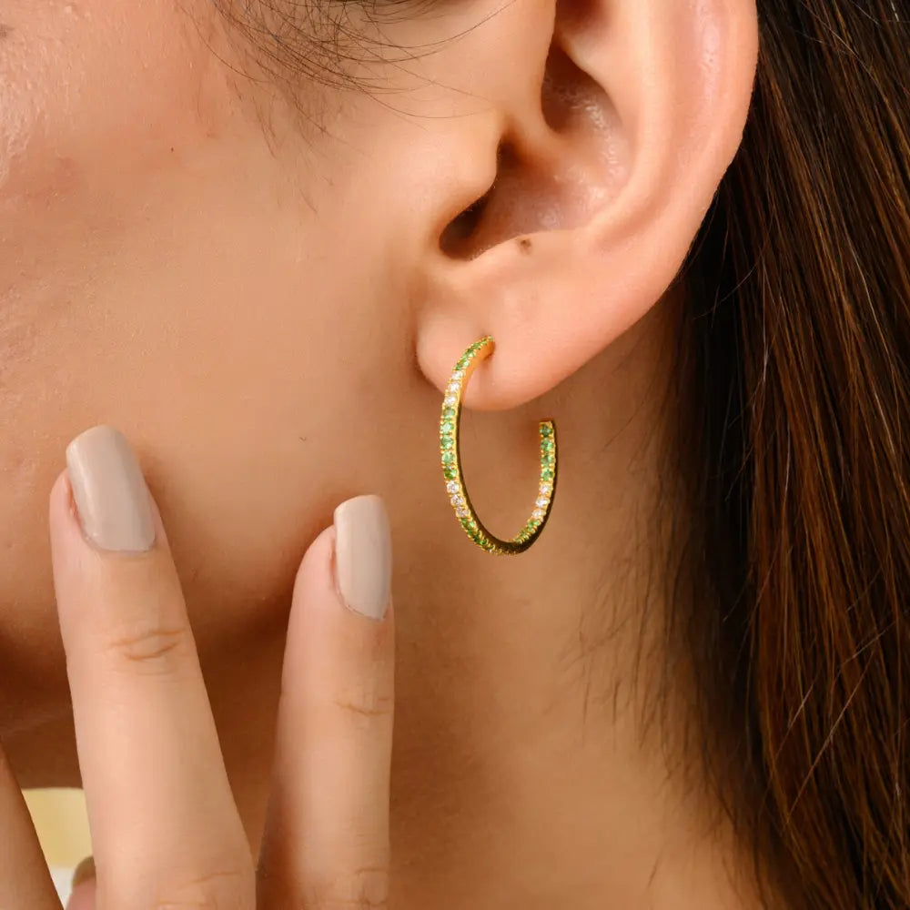 Handmade Jewelry Tsavorite & Diamond Solid 18K Yellow Gold C-Hoop Earrings