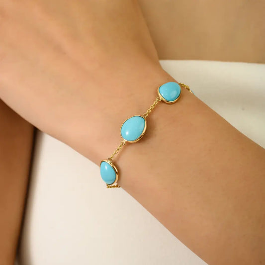 Dainty Bezel Set Turquoise Gemstone Simple Station Bracelet K14 Real Yellow Gold Jewelry