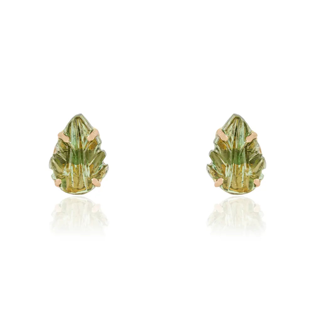 14K Yellow Gold Semi Precious Gemstone Green Tourmaline Carving Leaf Shape Stud Earrings