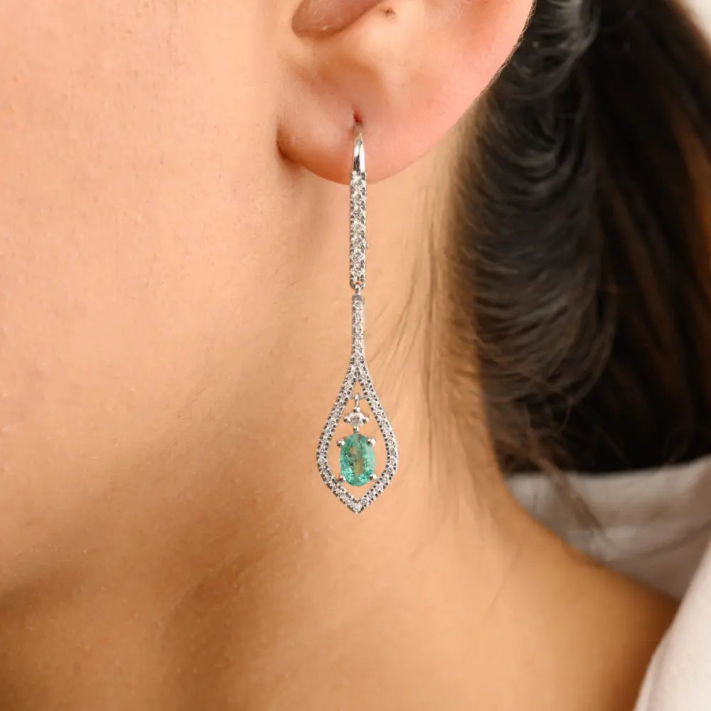 Latest Design 100% Authentic Emerald & Diamond 14K Solid Gold Dangle Earrings