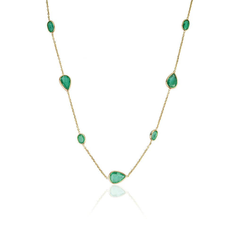 Bezel Set Emerald Gemstone Station Chain Necklace 14K Real Yellow Gold Stacking Jewelry Manufacturer