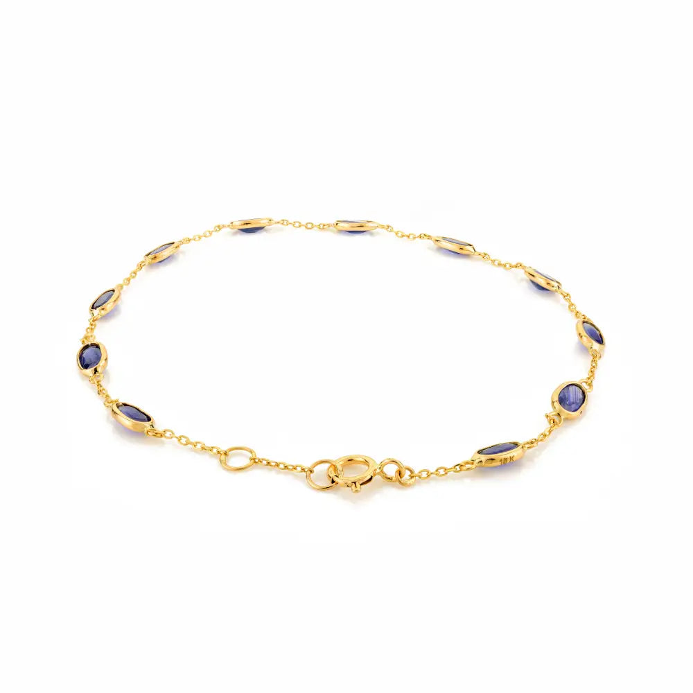 Everyday Wear Genuine Blue Sapphire Stackable Station Bracelet Real K18 Yellow Gold Jewelry