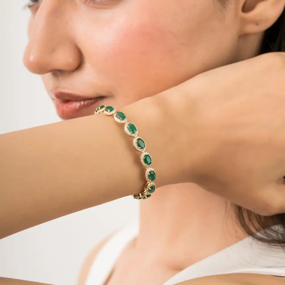 Luxurious Emerald & Diamond 18K Real Yellow Gold Halo Tennis Bracelet Trending Jewelry